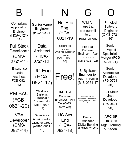 Mainline Requirements Bingo Card