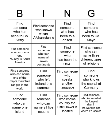 Get to know YOU Geography Bingo Card