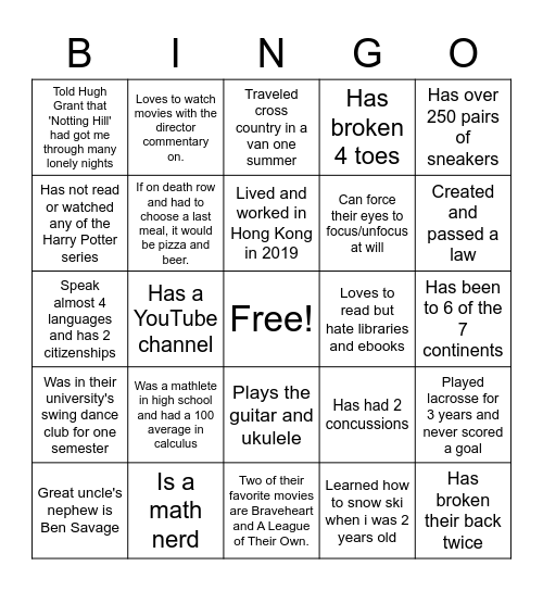 Clear Bingo Card