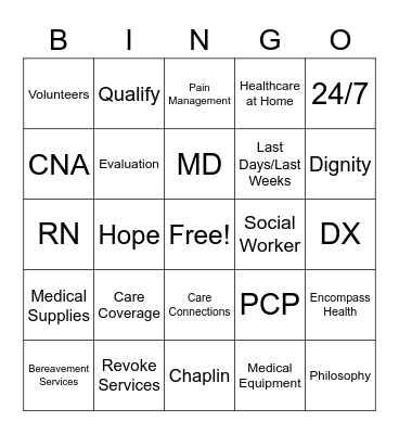Comfort and Dignity at Home Encompass Bingo Card