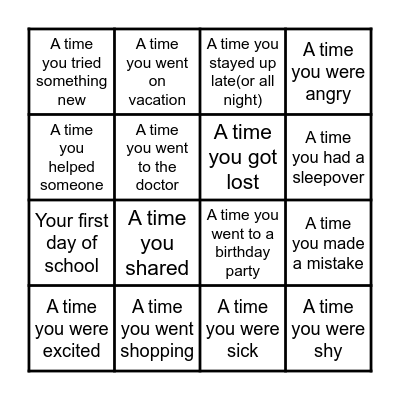 Personal Narrative Writing Prompts Bingo Card