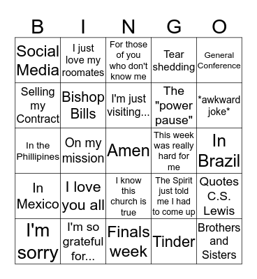 Testimony Meeting Bingo Card