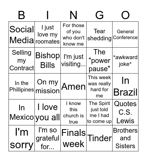 Testimony Meeting Bingo Card