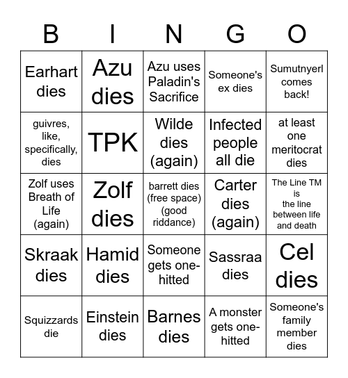 RQG Endgame Death Bingo Card