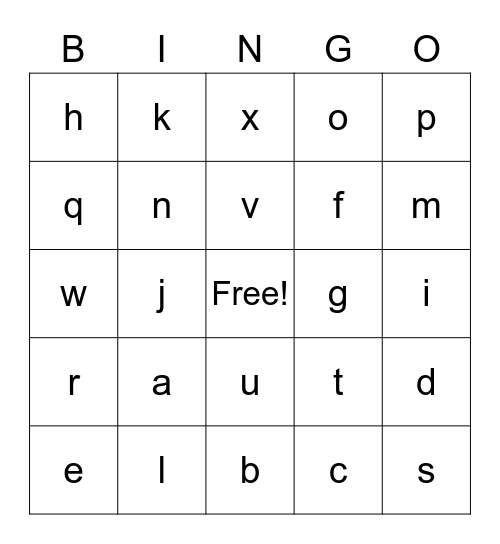 lower case Bingo Card