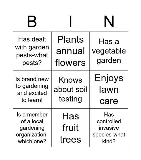 Master Gardener Get to Know You Bingo Card