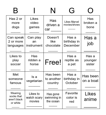 Human Scavenger Hunt Bingo Card