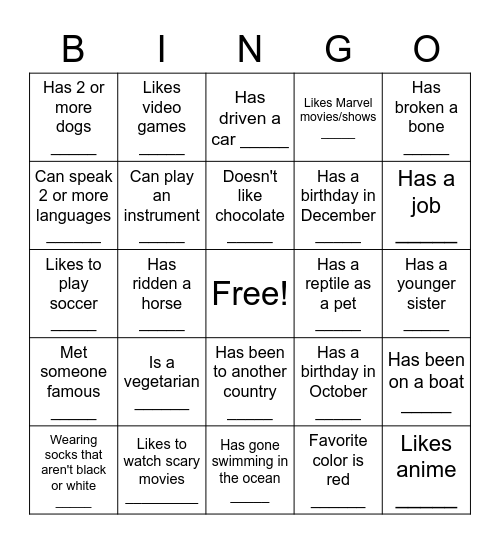 Human Scavenger Hunt Bingo Card