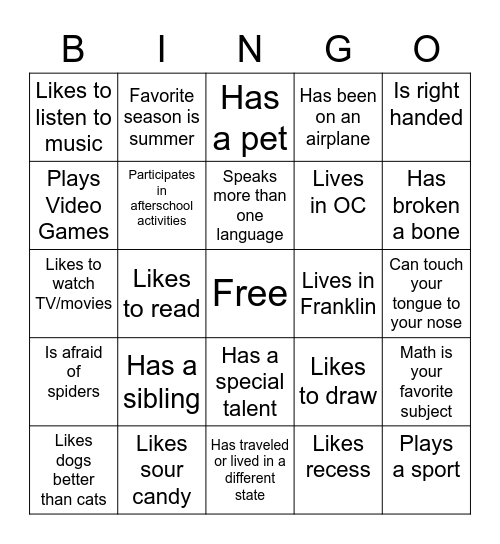 Get To Know You Bingo Card