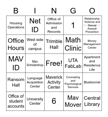 Campus Resources Bingo Card