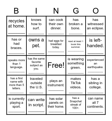 Find a Classmate Who... Bingo Card