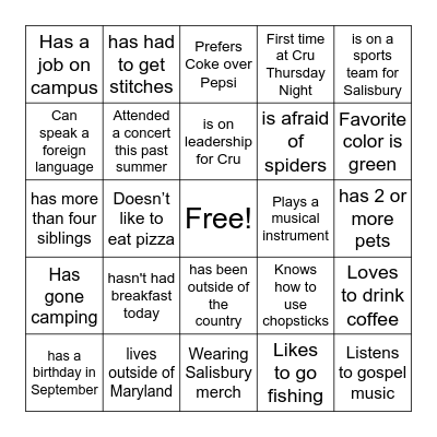 Cru Thursday Night BINGO Card