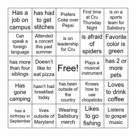 Cru Thursday Night BINGO Card