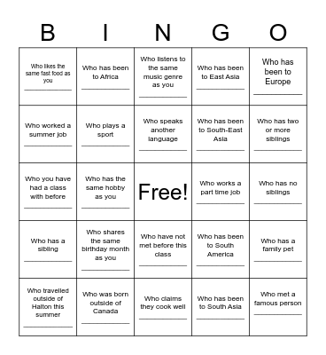Icebreaker Bingo Card