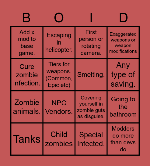 Zomboid Suggestions Bingo Card