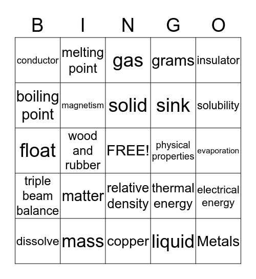 Properties of Matter  Bingo Card
