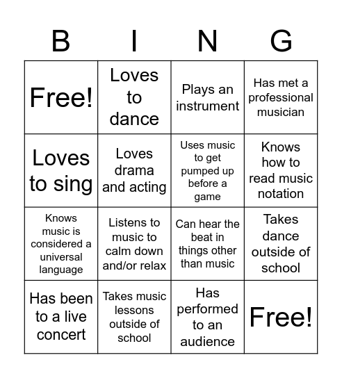 Music Class Day 1 Bingo Card