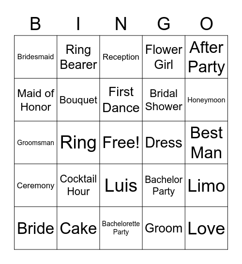 Bridal Bingo Card