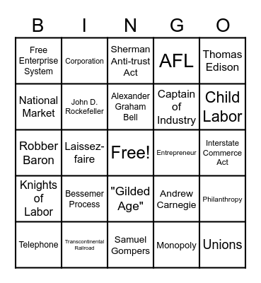 Gilded Age Part One Vocabulary Bingo Card