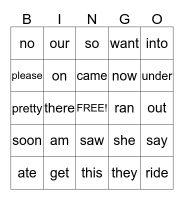 Sight Words Bingo Card