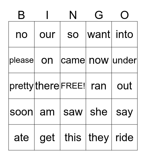 Sight Words Bingo Card