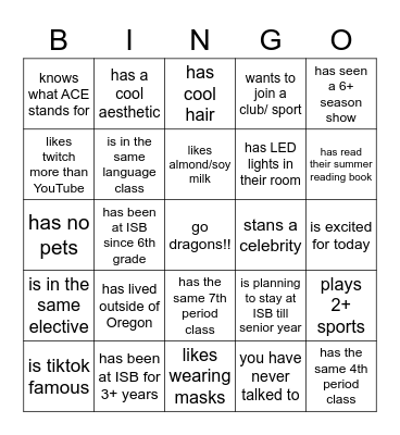 Freshman BINGO !! Bingo Card