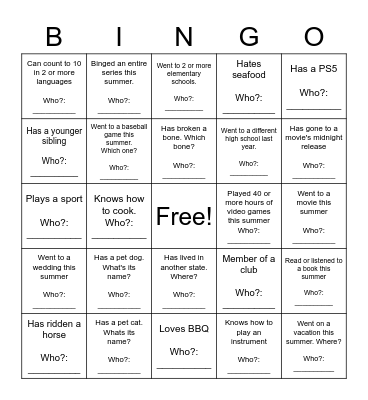 First Week Bingo Card