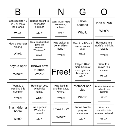 First Week Bingo Card