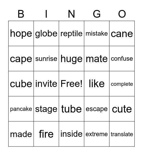 Vowel-Consonant-e Bingo Card