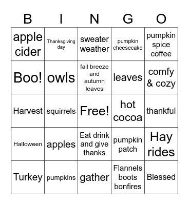 Hello Fall Bingo Card