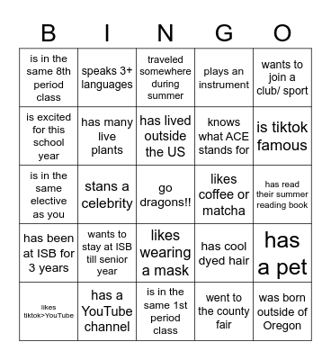 Freshman BINGO !! Bingo Card