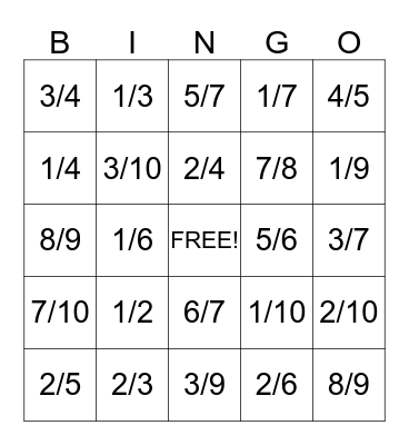 Fraction Bingo Card