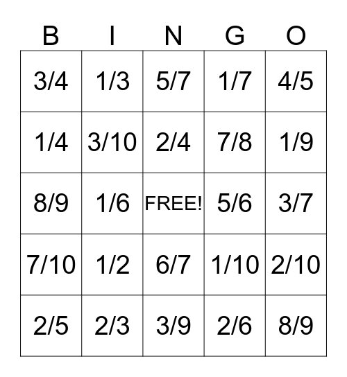 Fraction Bingo Card