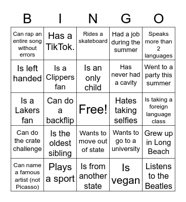 Who Am I Bingo Card
