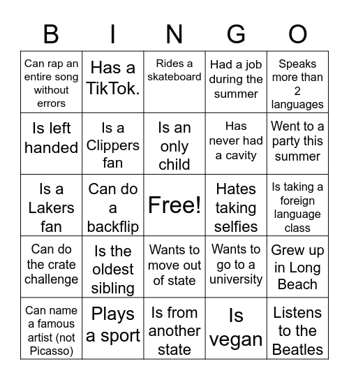 Who Am I Bingo Card