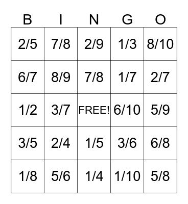 Fraction Bingo Card