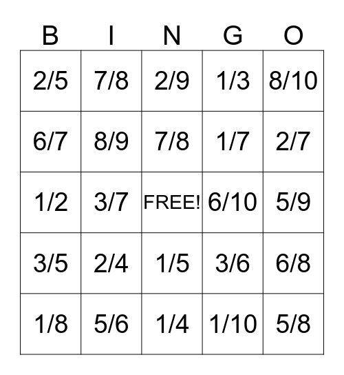 Fraction Bingo Card