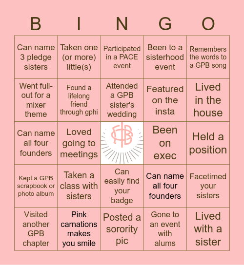 Gamma Phi Beta Bingo! Bingo Card
