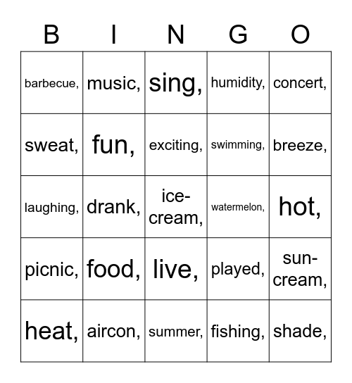 Summer Vacation Bingo Card