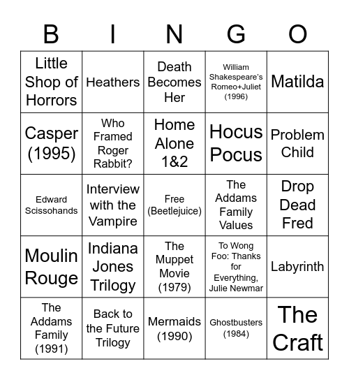 Very specific classic-in-my-opinion movies Bingo Card