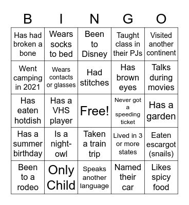 Getting to know you! Bingo Card