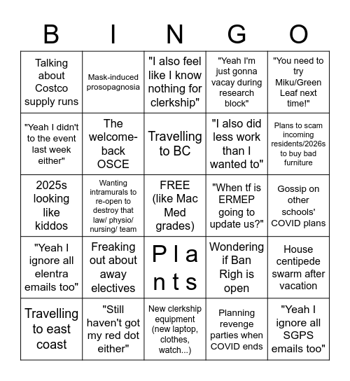 First Day Back Conversations Bingo Card