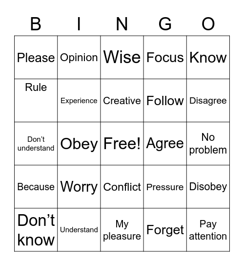 Mental action/manners Bingo Card