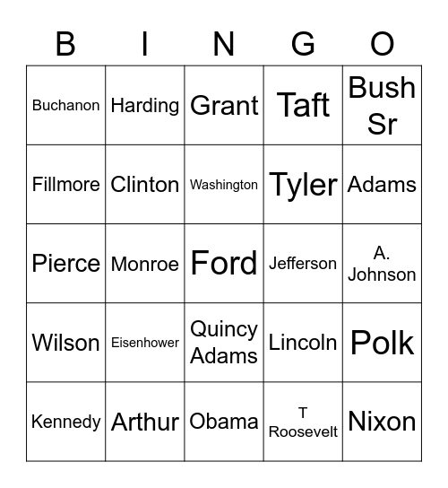 Presidents  Bingo Card