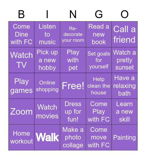 Come Play with FC: Things to do in Lockdown Bingo Card