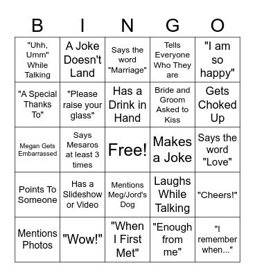 Wedding Speech Bingo! Bingo Card