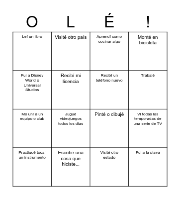 ¿Qué hiciste durante el año pasado? Bingo Card