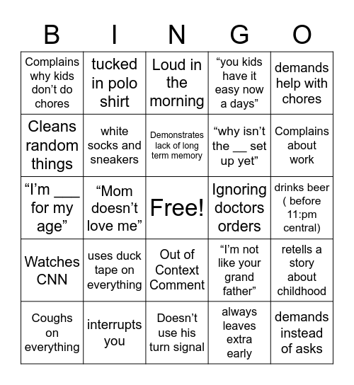 White Dad Bingo Card