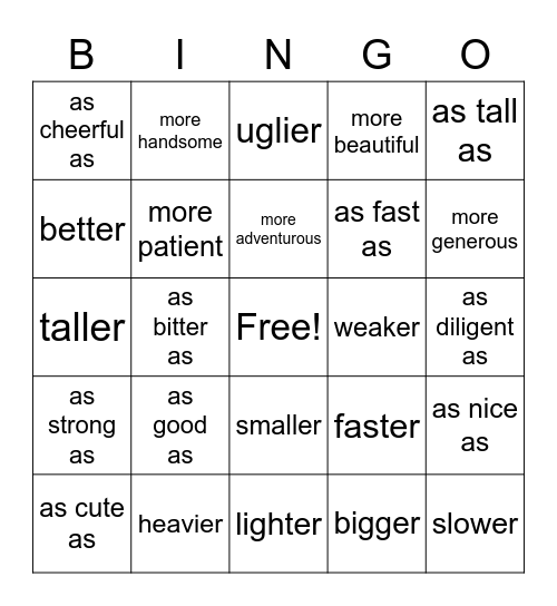 comparative bingo Card