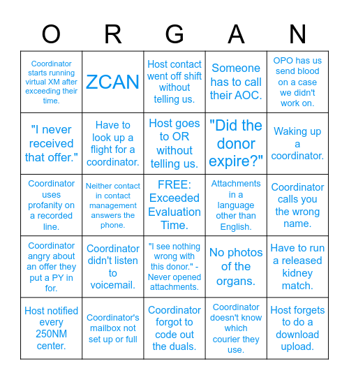 Organ Center Bingo Card